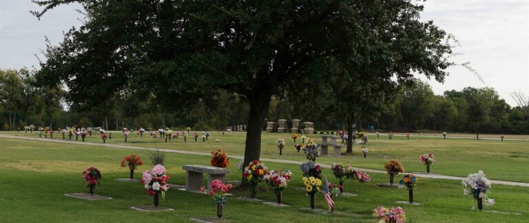 Landscaped cemetery grounds at Ridgeview West Memorial Park in Frisco