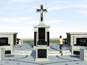 Rosary Garden concept rendering showing central cross memorial court