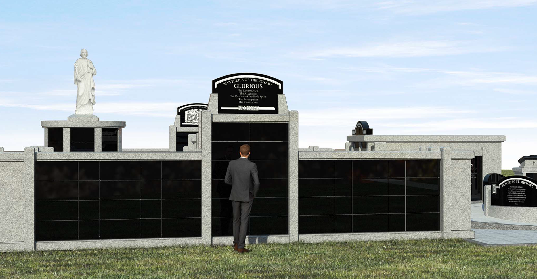 Rosary Garden concept rendering showing columbarium wall and Mary statue