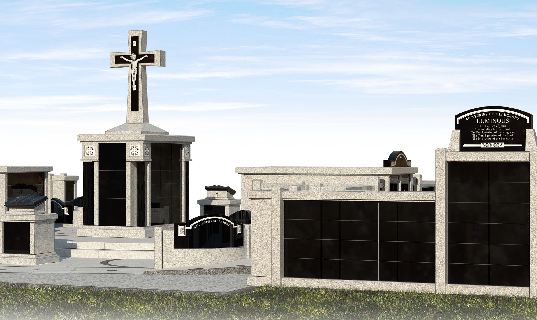 Rosary Garden concept rendering showing cross monument and columbarium