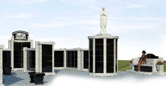 Rosary Garden concept rendering showing Mary statue and columbarium
