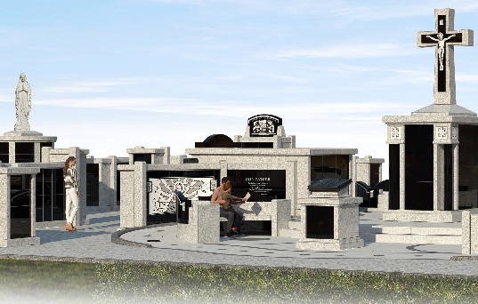 Rosary Garden concept rendering showing Mary statue and memorial niches